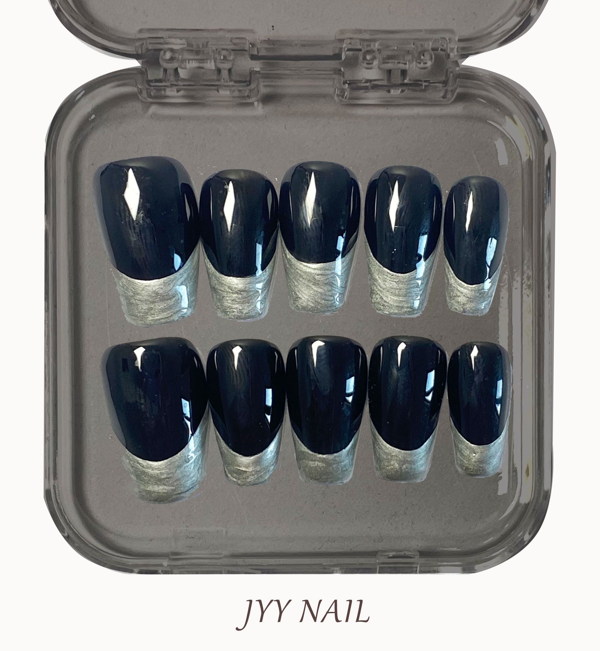 A127 Black silver French:Heavy metal hottie street style silver French manicure
