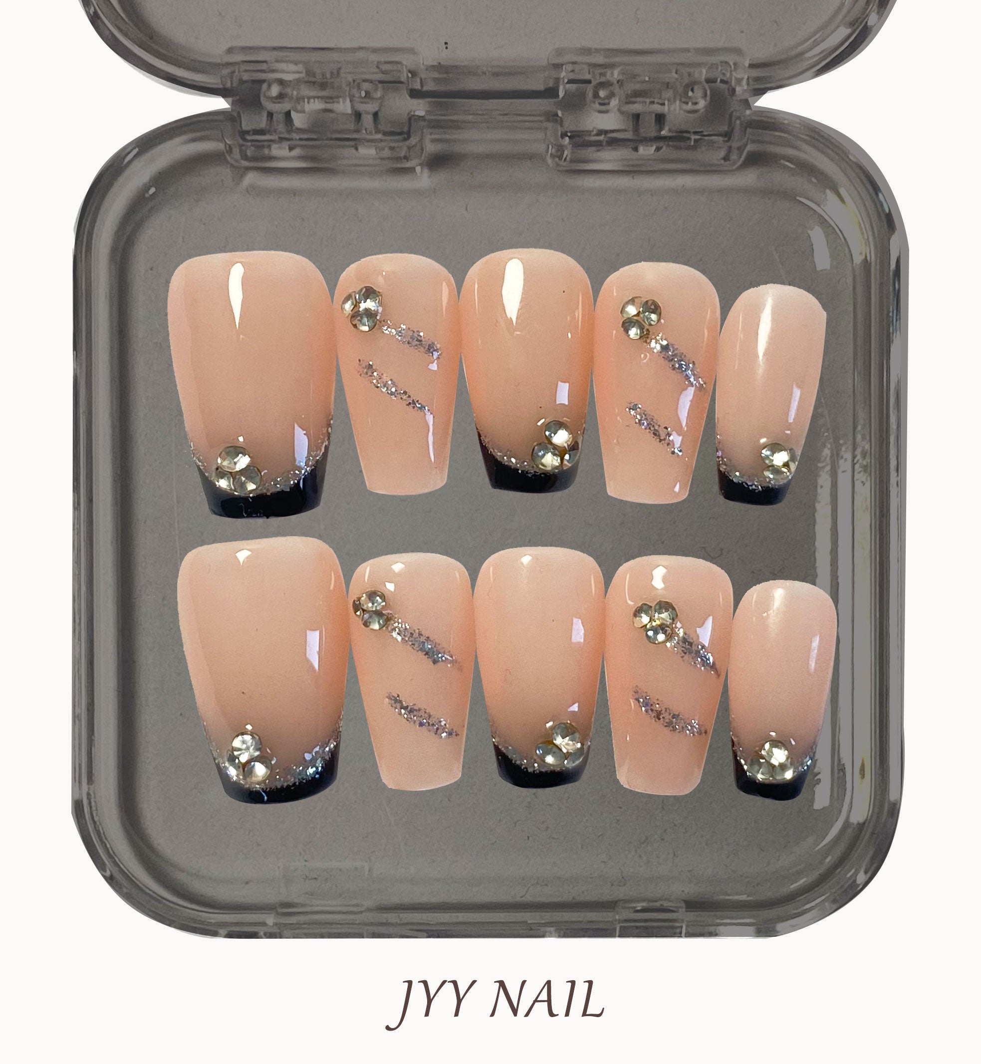 A135 Nude pink black border:Light luxury with diamond nude pink black French press on nails