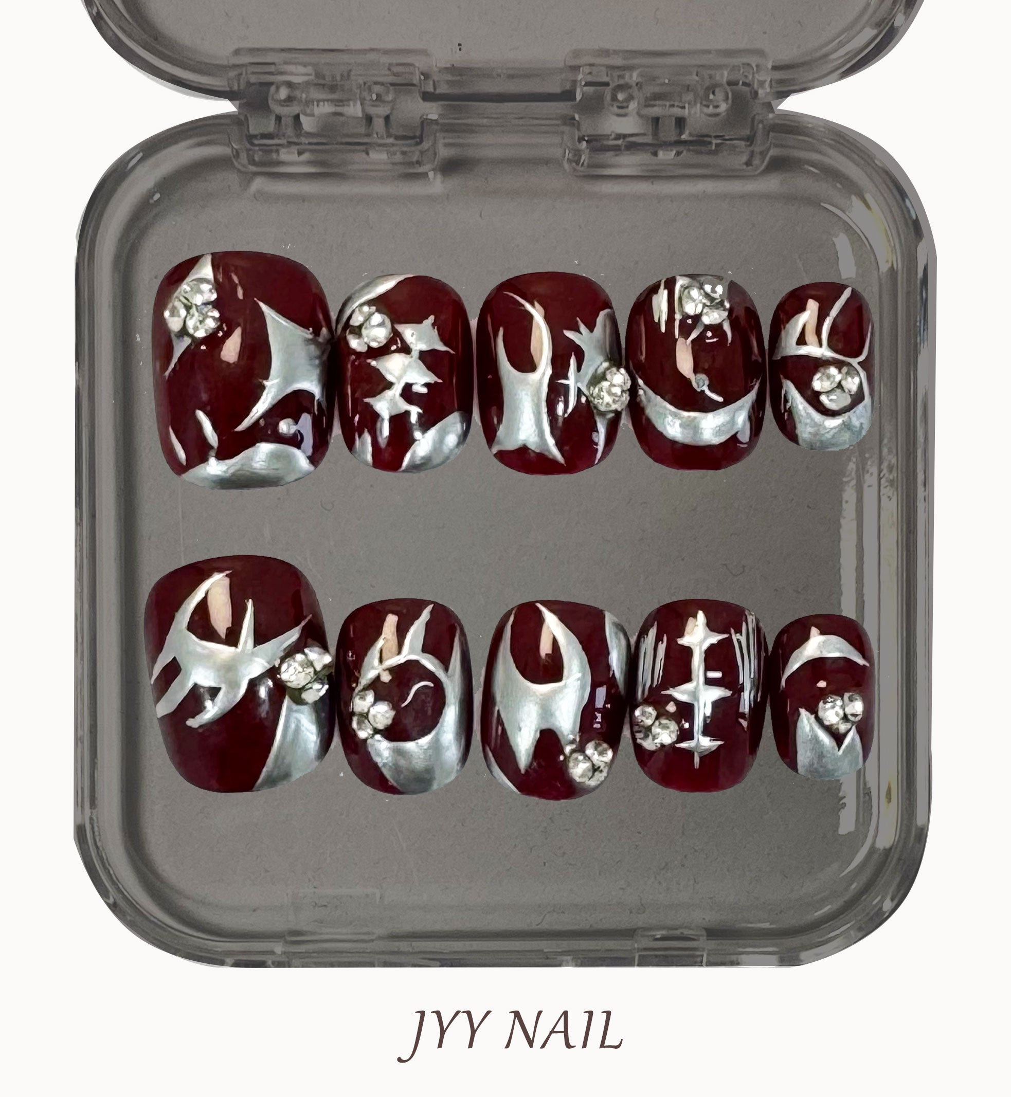 A152 Dark red silver edge：Deep red silver edge metallic texture outline nail art