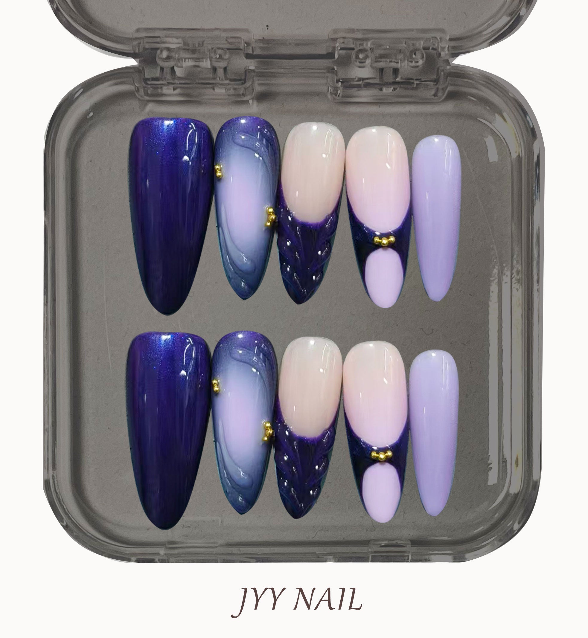 A168 Dark blue and light purple:Pure hand-crafted dreamlike purple oval manicure