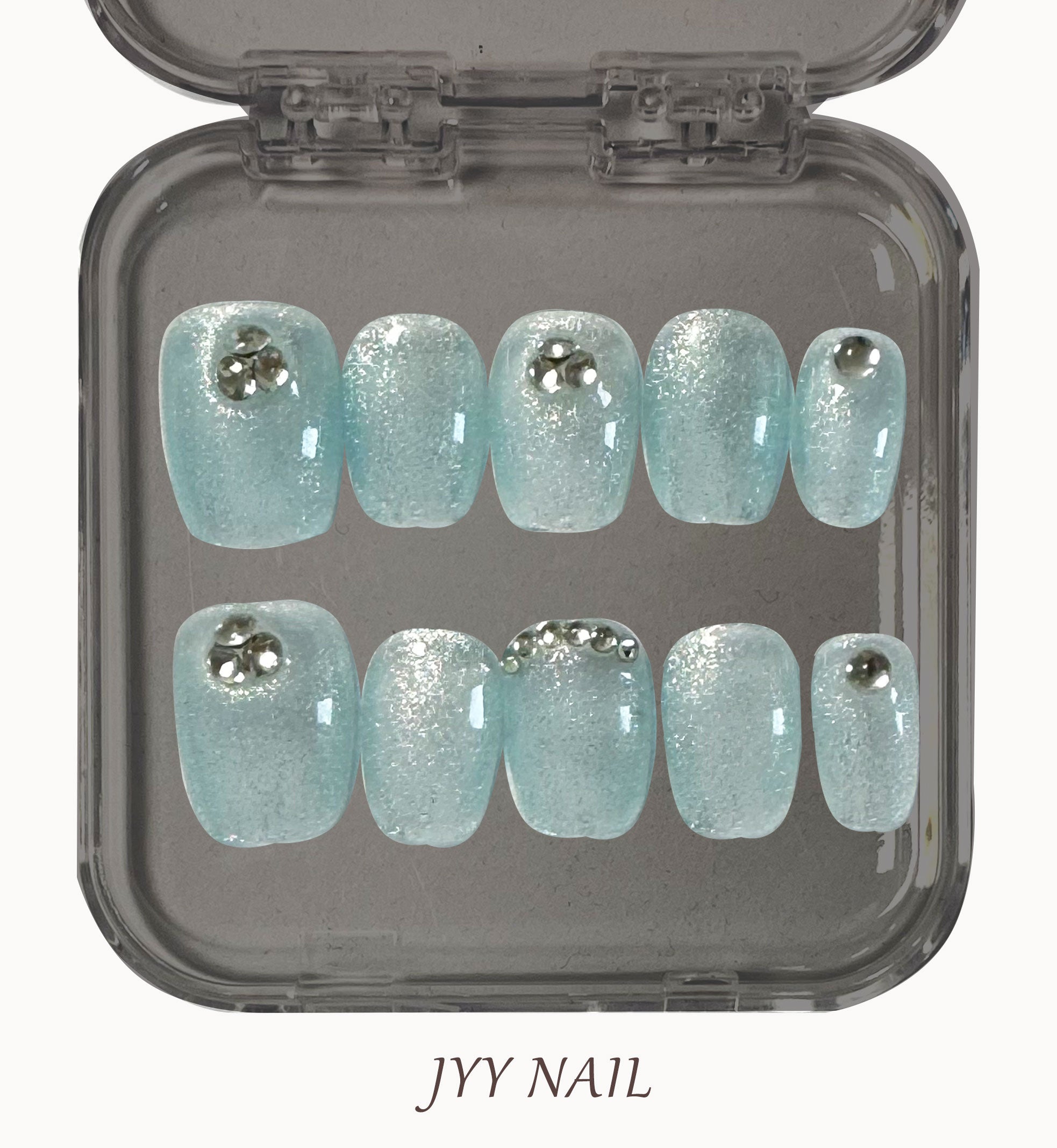A182 Light blue：Light blue cat eyes full of diamonds luxurious custom manicure