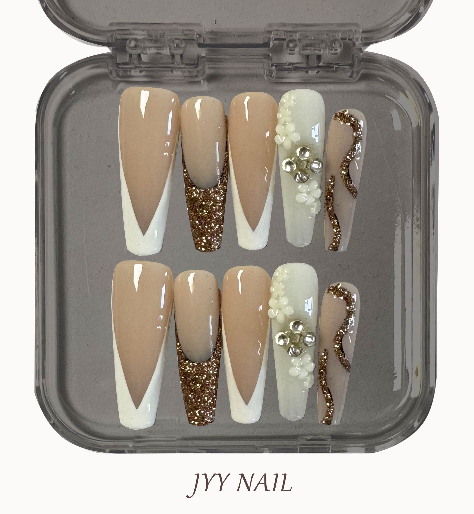 A195 White deep V French:Long white French manicure