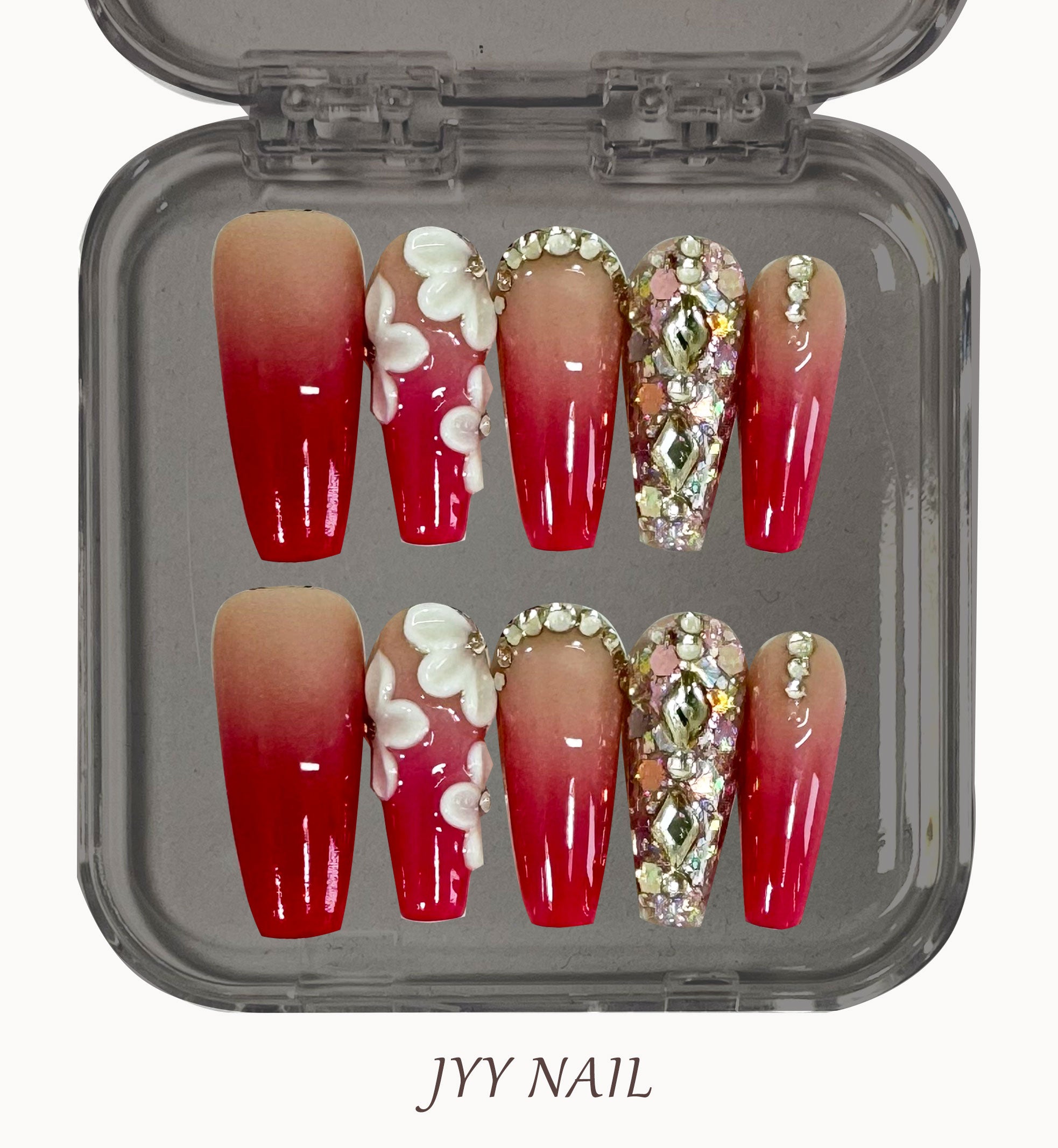 A202 Red diamond:Red floral diamond haute couture nail art