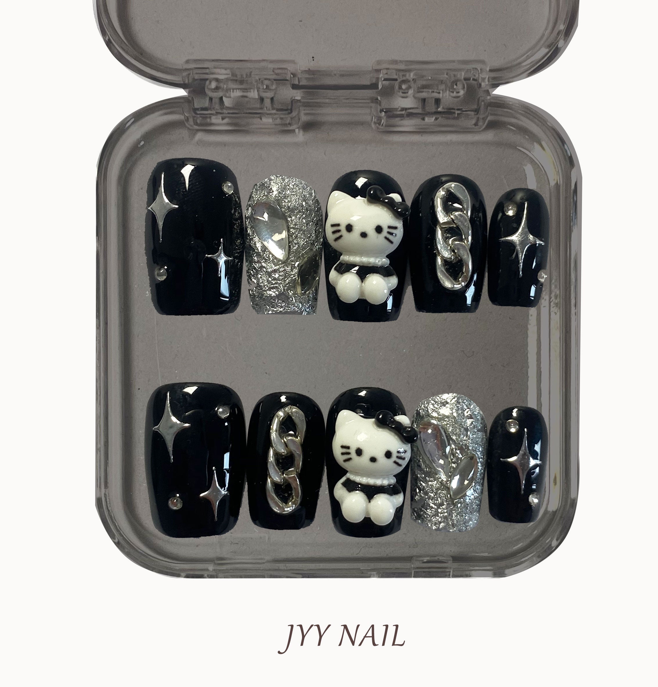 A297 Black Hello kitty:Black Hello Kitty Nail ‌ is a design that combines the classic cartoon character Hello Kitty with black elements