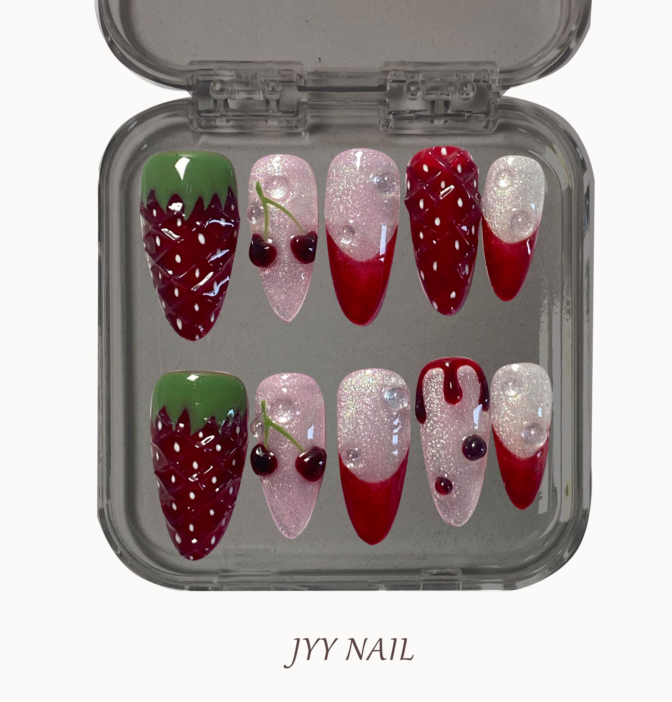 A302 Cherry French；Hand painted romantic cherry strawberry French