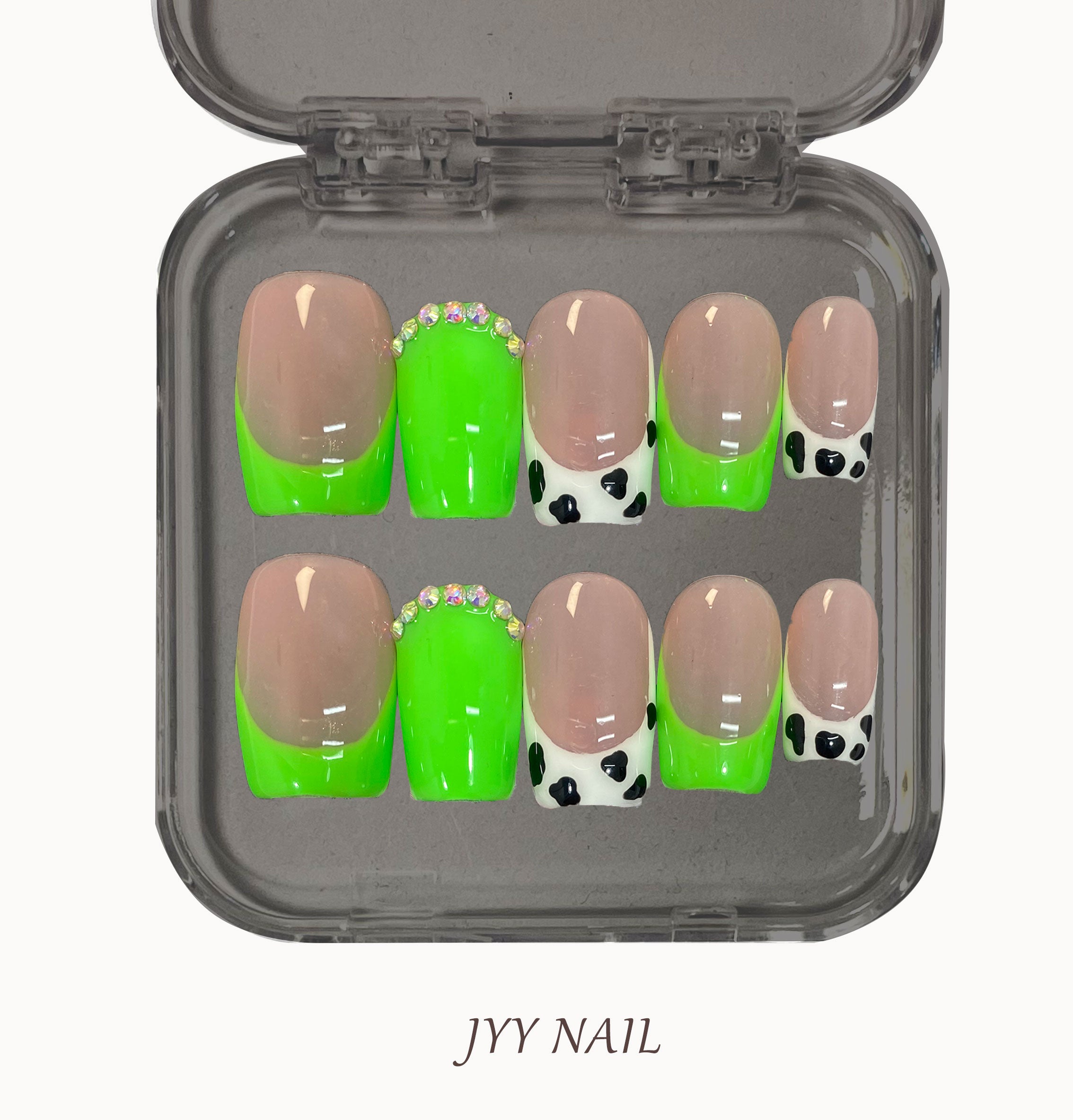 A322 Fluorescent green French:Fluorescent green French Premium white custom manicure