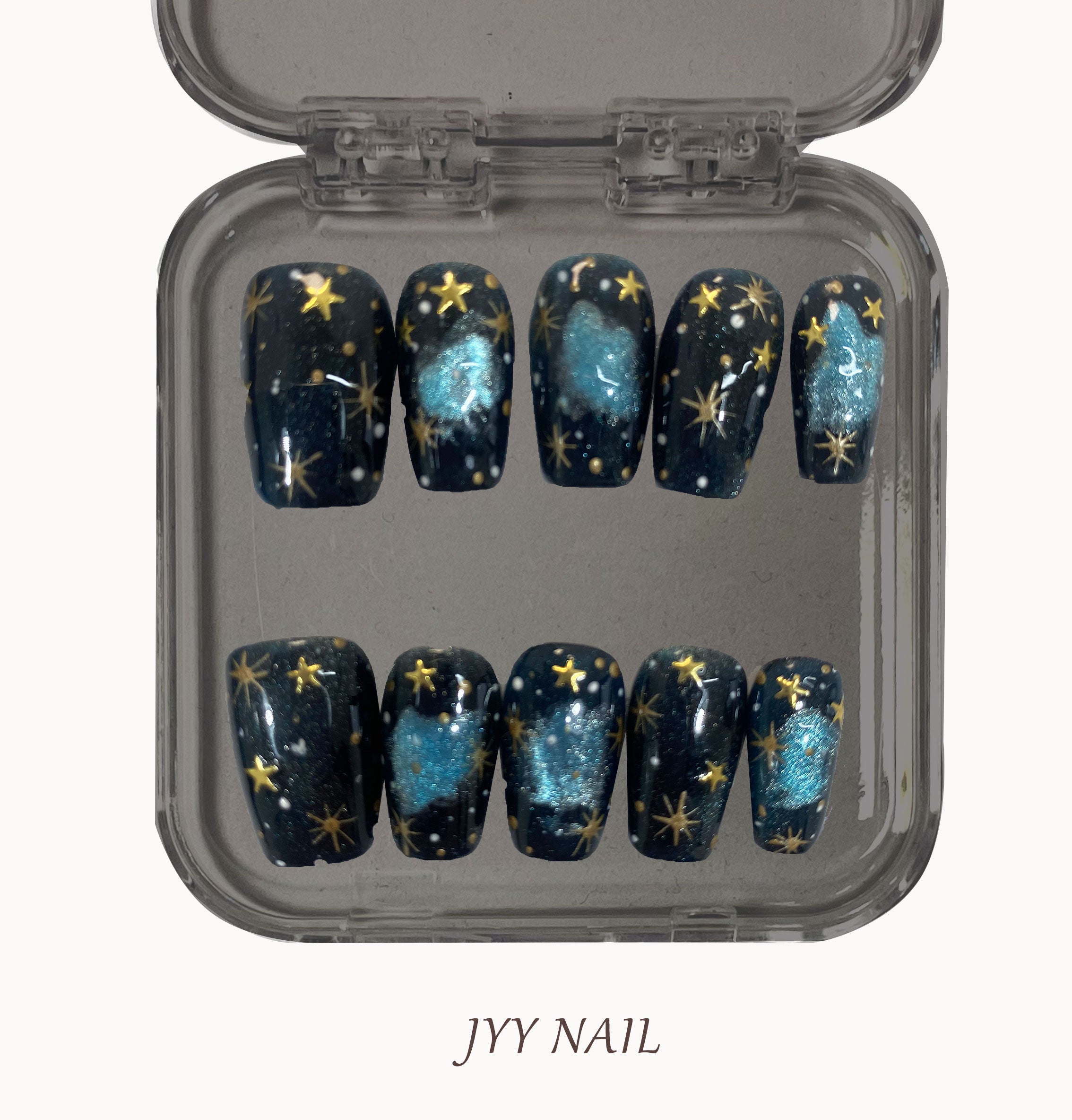 A327  Dark star： Hand-painted stars embellished with night stars custom manicure