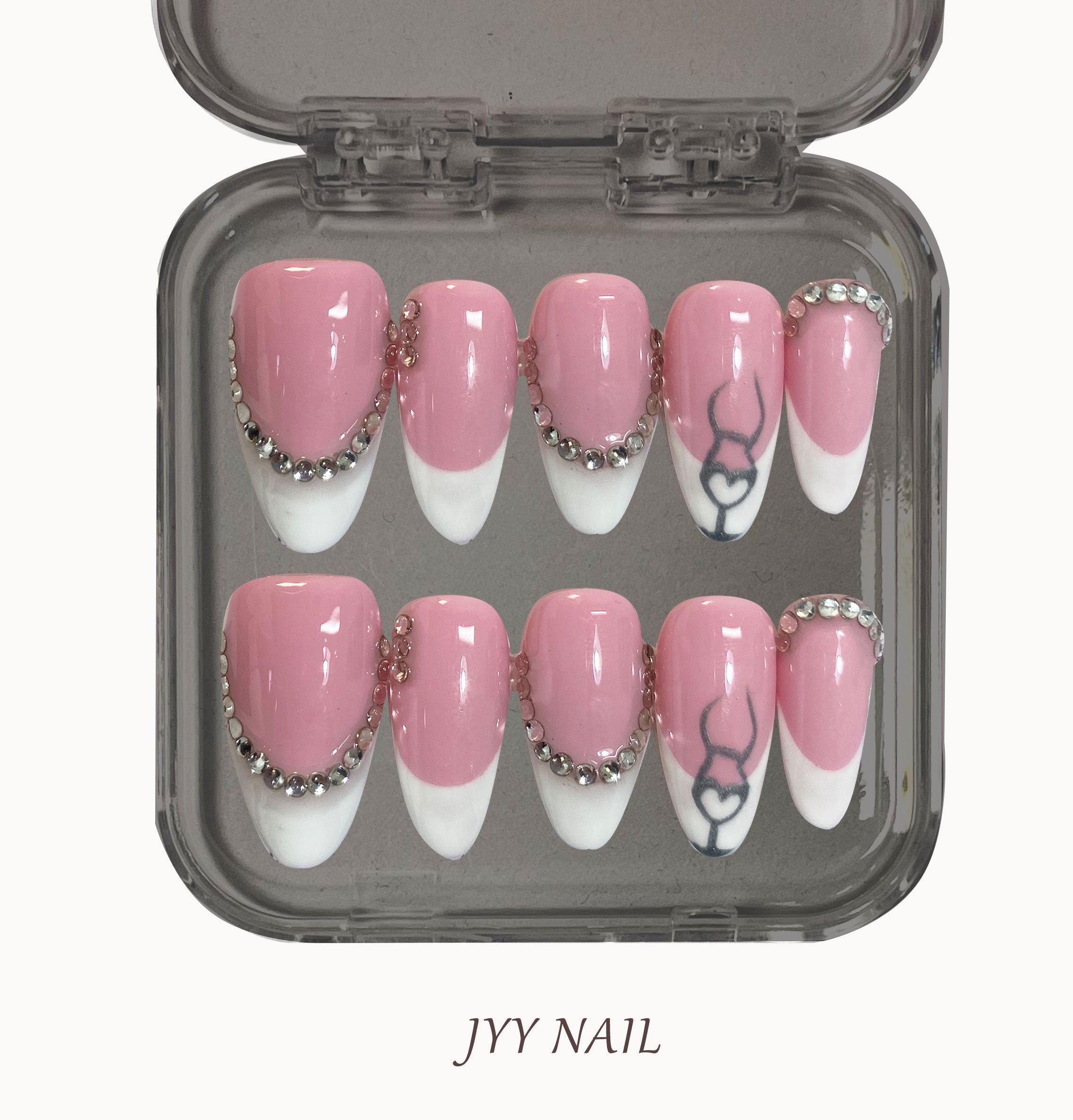 A348 Pink and white French:Pink and white French couture with diamond original manicure