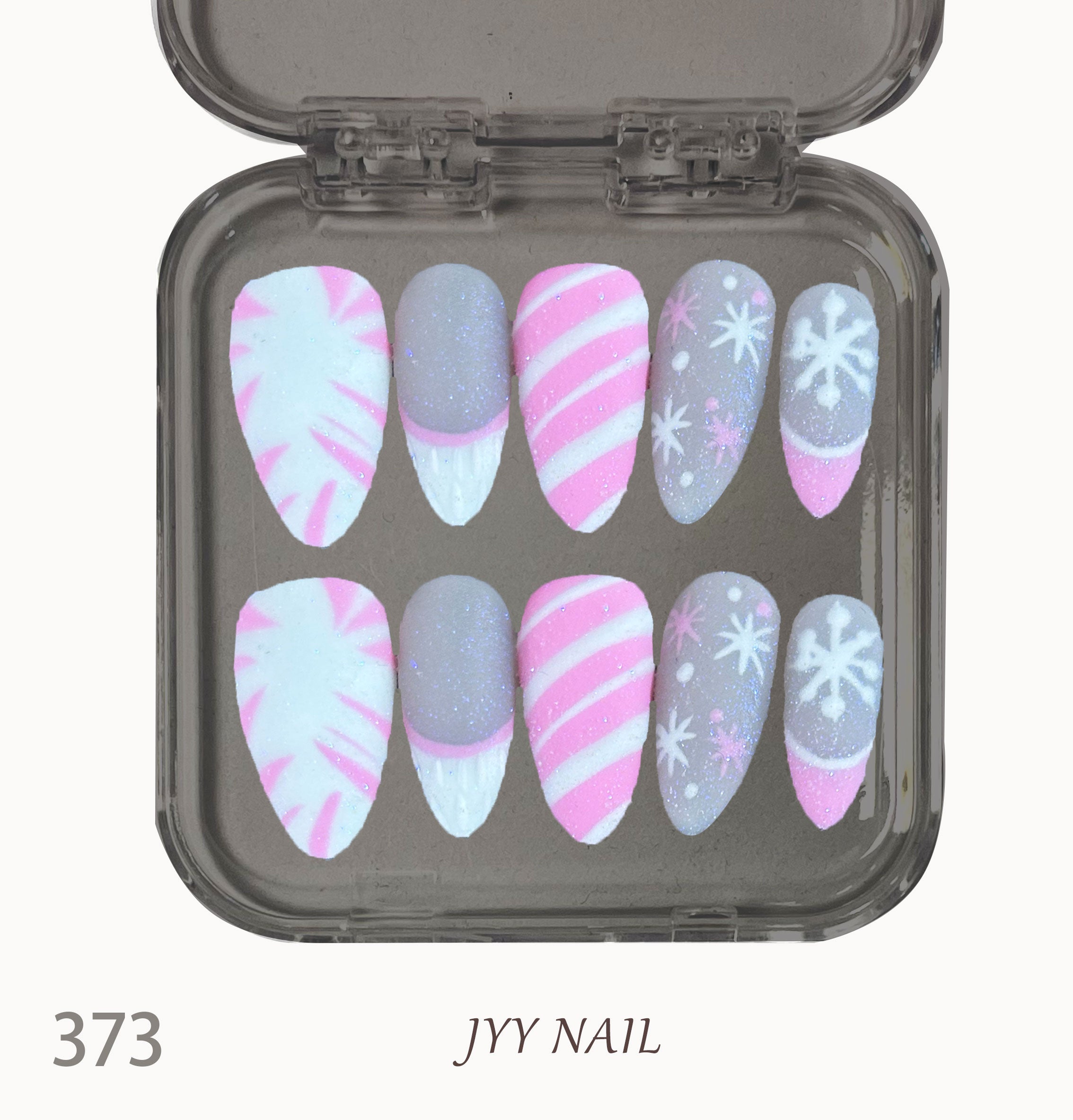 A373 Pink and white snowflake:Pure handmade luxury custom Christmas manicure series