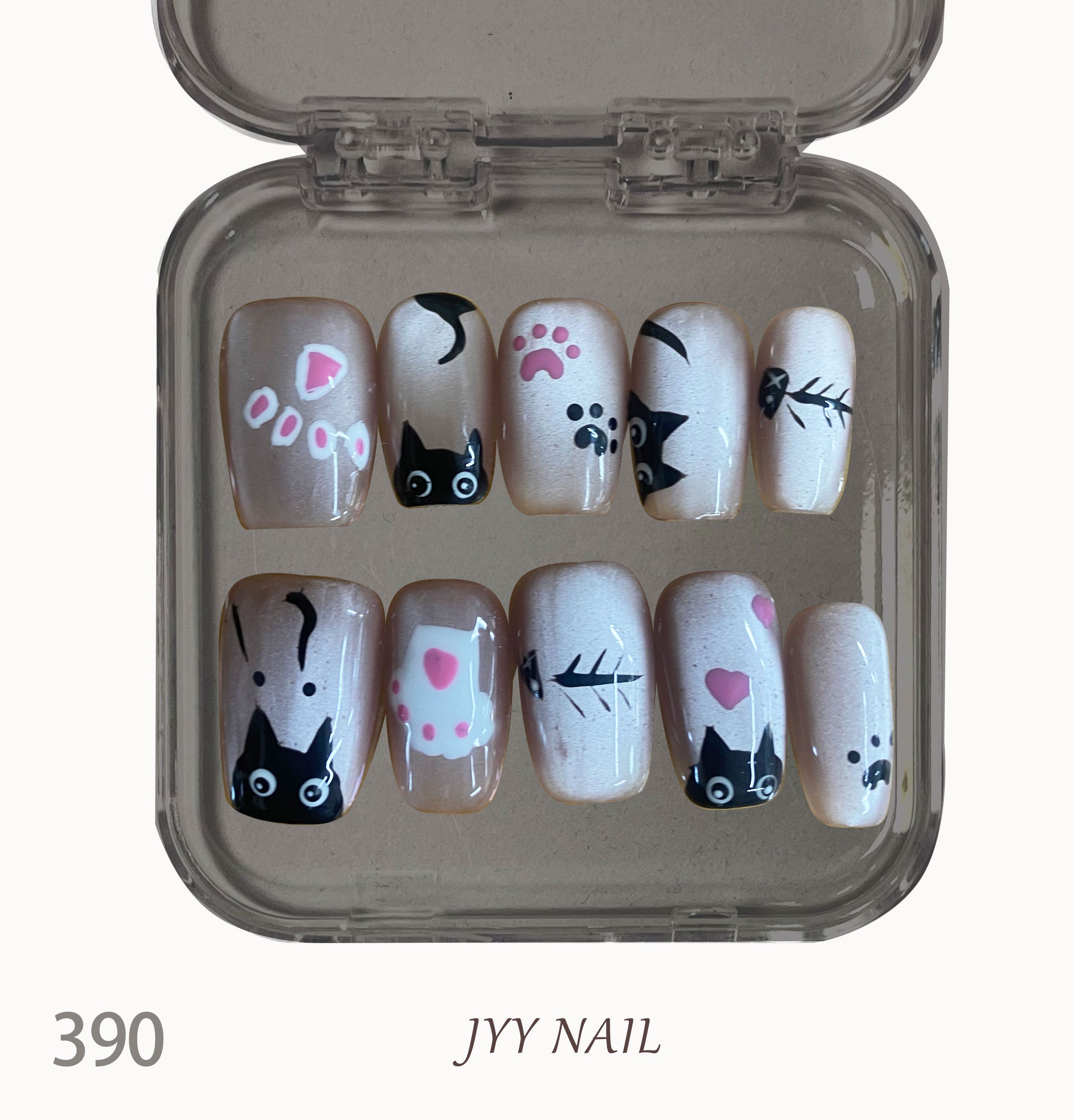 A390 Cute cat:Cute cat hand painted ice cat eye manicure