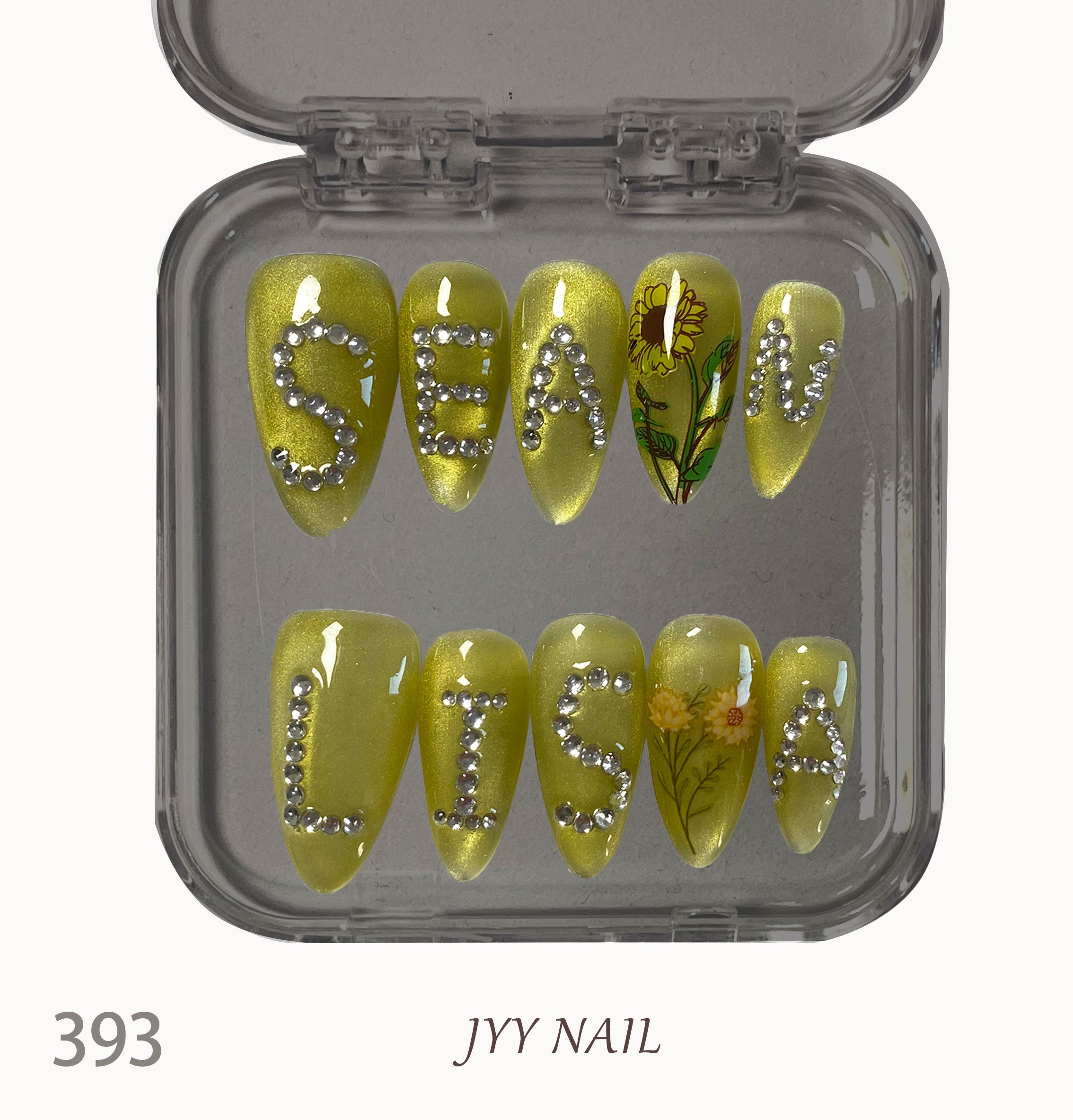 A393 Exclusive sunflower:Exclusive sunflower yellow cat eye custom manicure