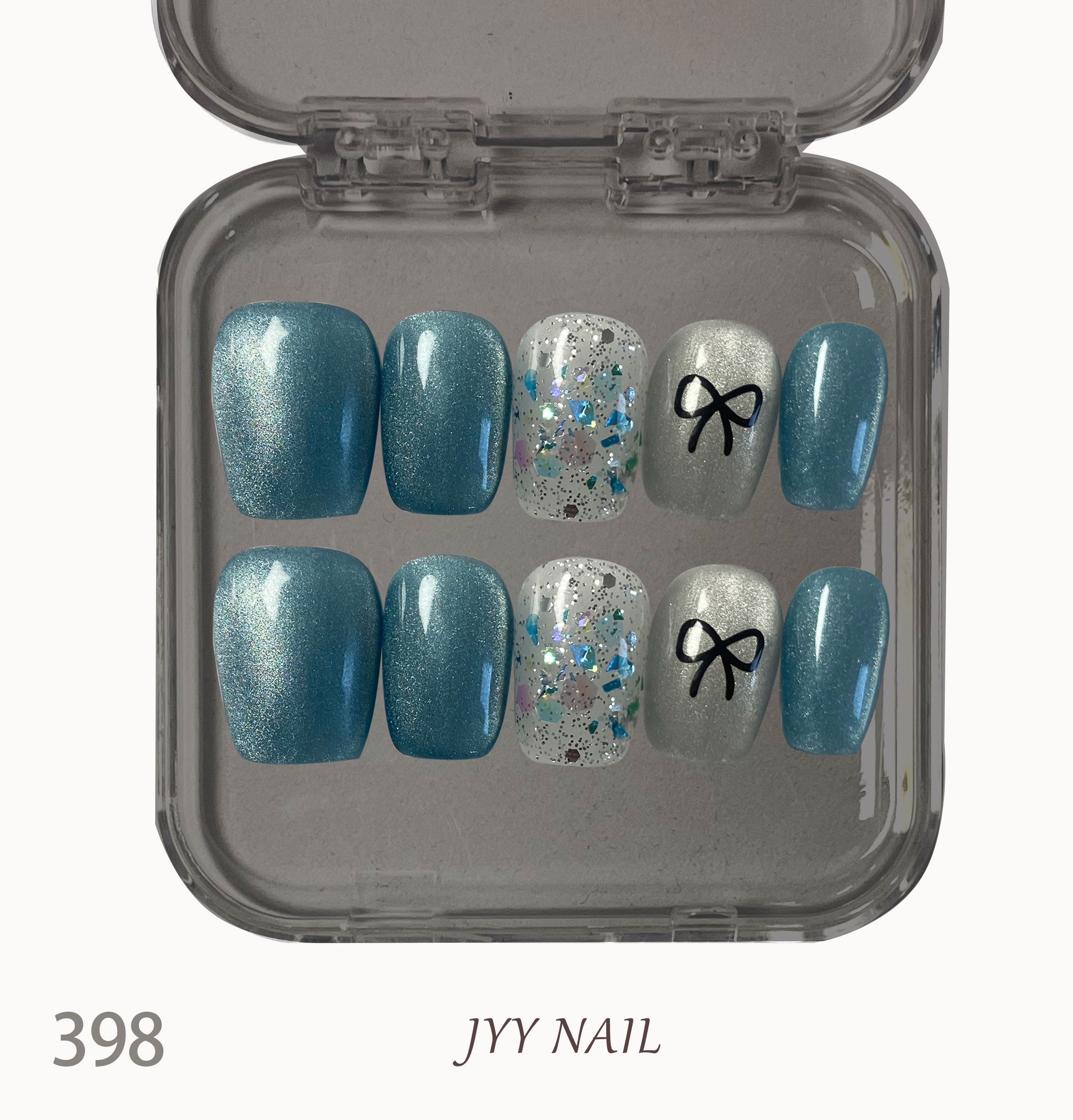 A398 Blue cat's eye bow:Lake blue cat eye hand-painted manicure