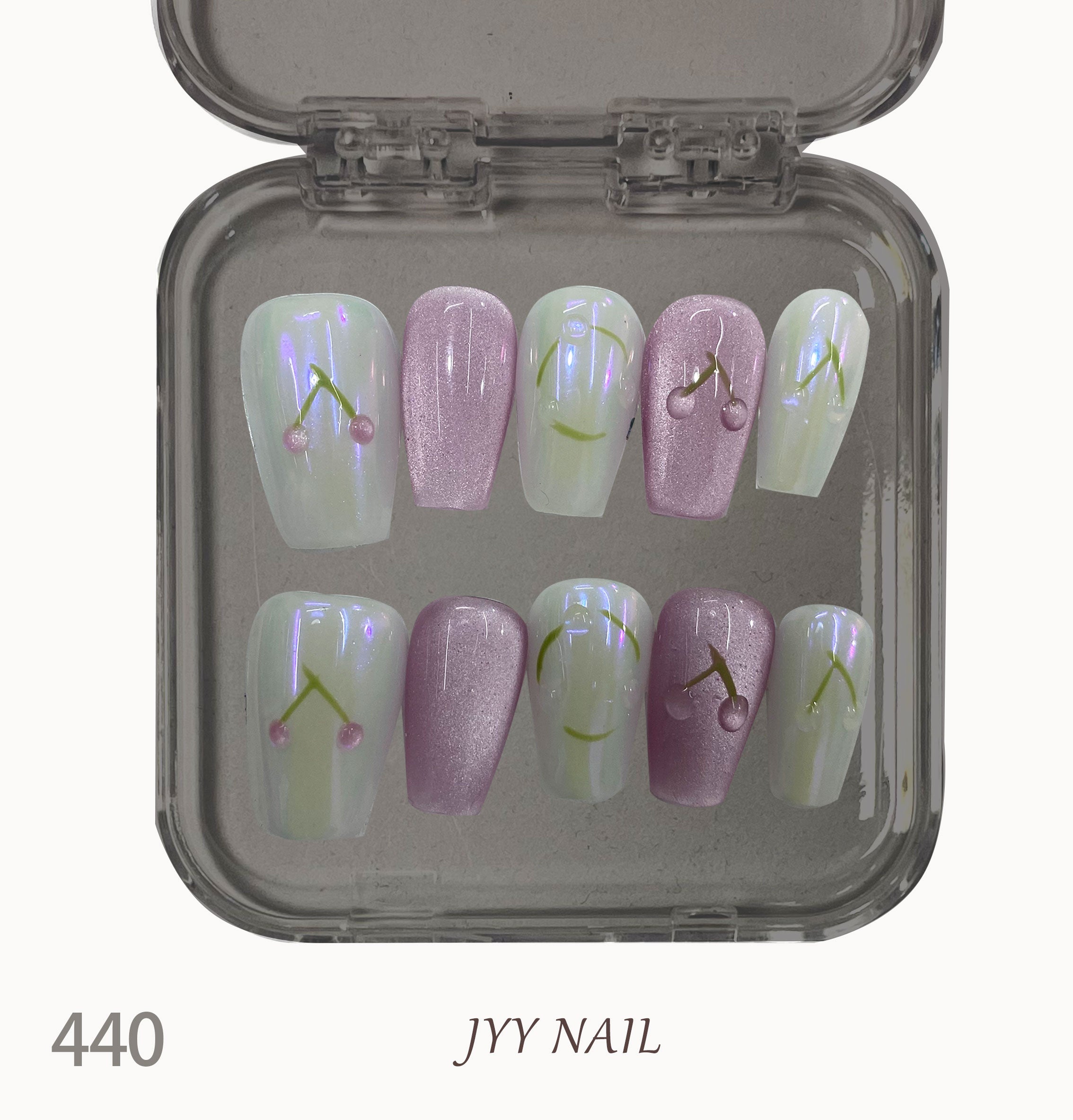 A440 Pink cat's eye cherry:Pink cat eye cherry hand-painted high luxury custom manicure