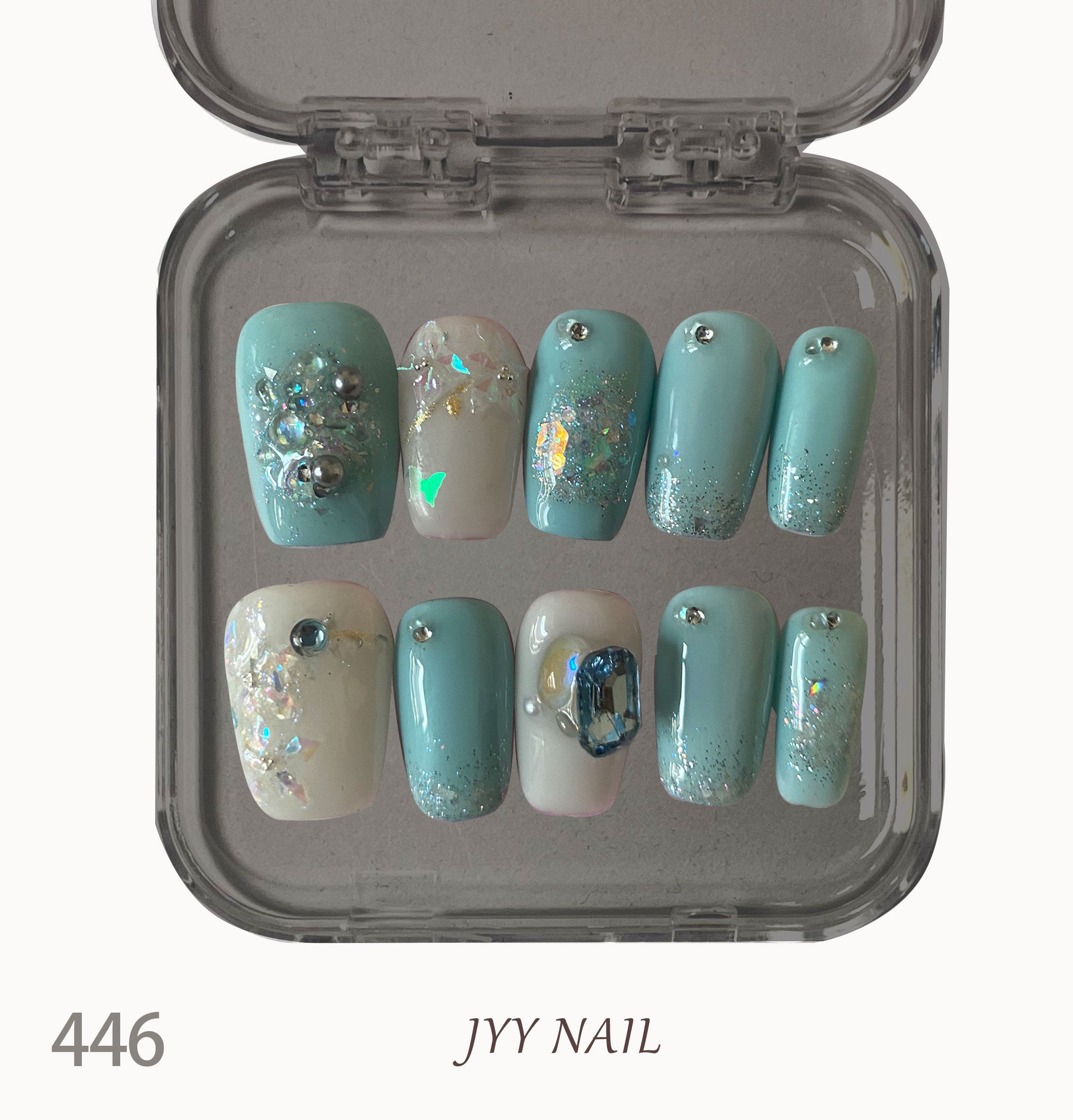 A446 Light blue full drill fine flash：Pure handmade high luxury custom diamond light blue advanced pure wind manicure