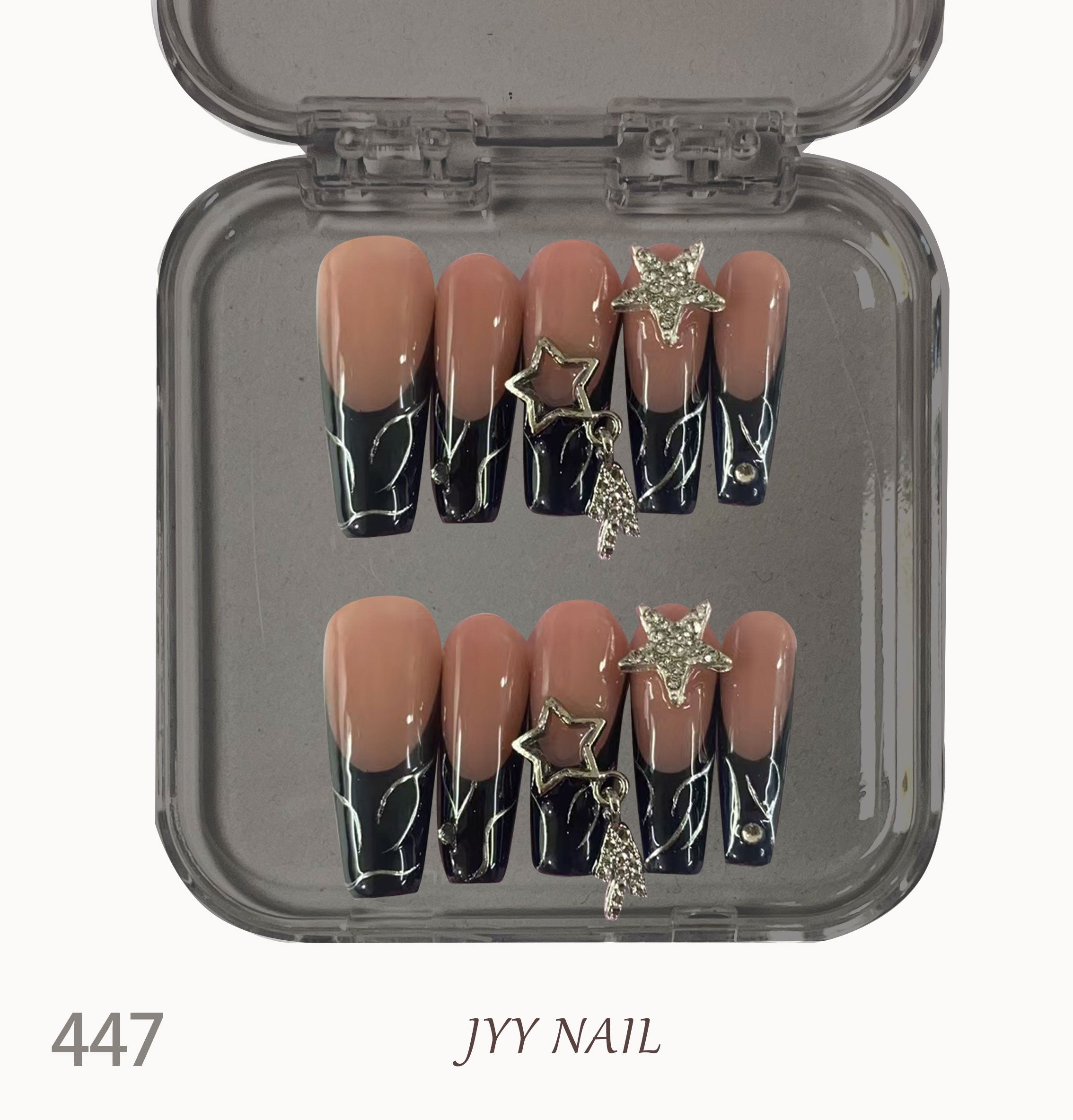A447 Pinkish-black star:Pure hand-made original powder black gradient stereo star diamond nail art