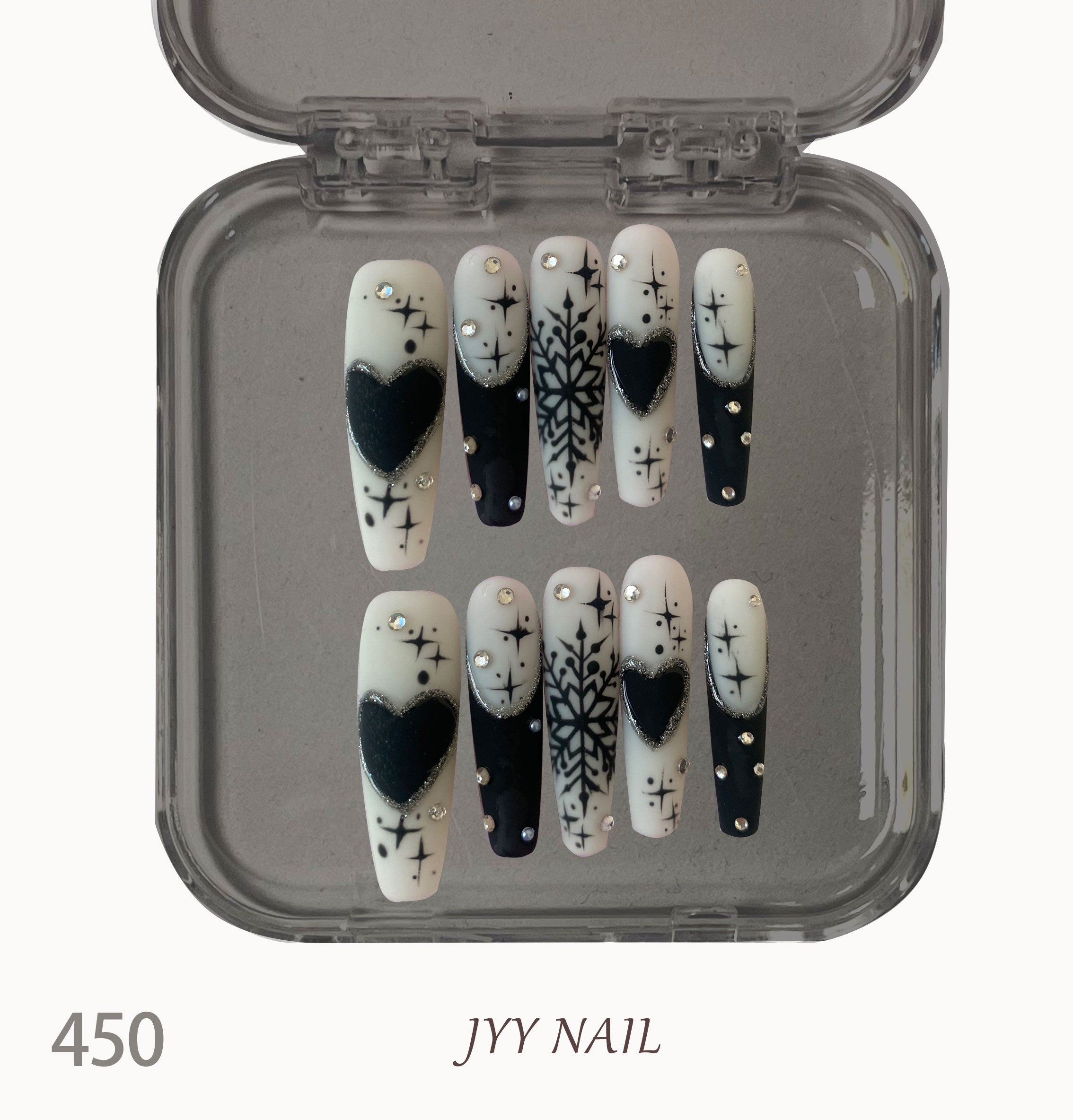 A450 White love snowflake:High luxury pure hand-painted black and white snow Spice style manicure