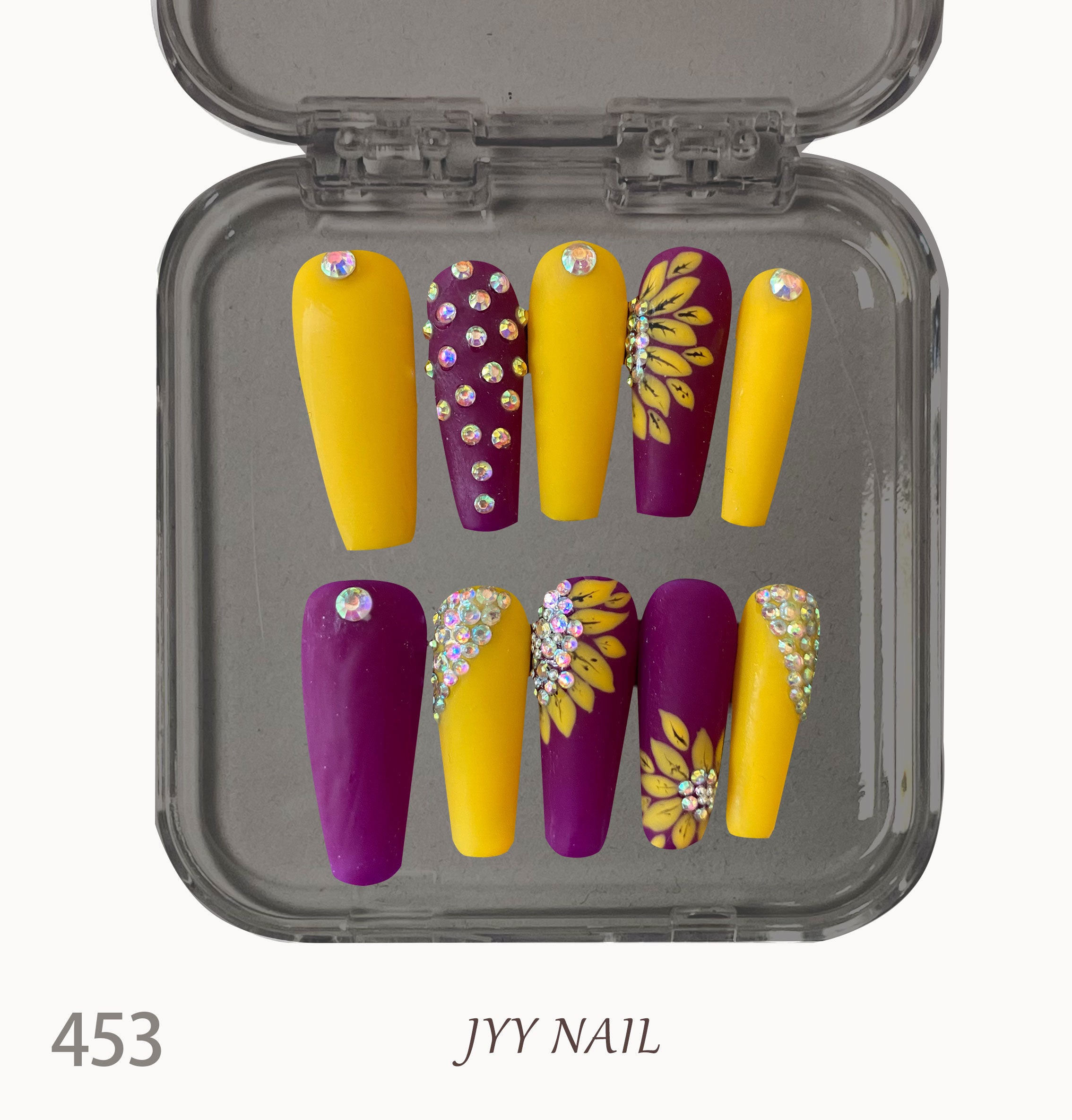 A453 Golden sunflower：Pure handmade high luxury full diamond hand painted sunflower manicure
