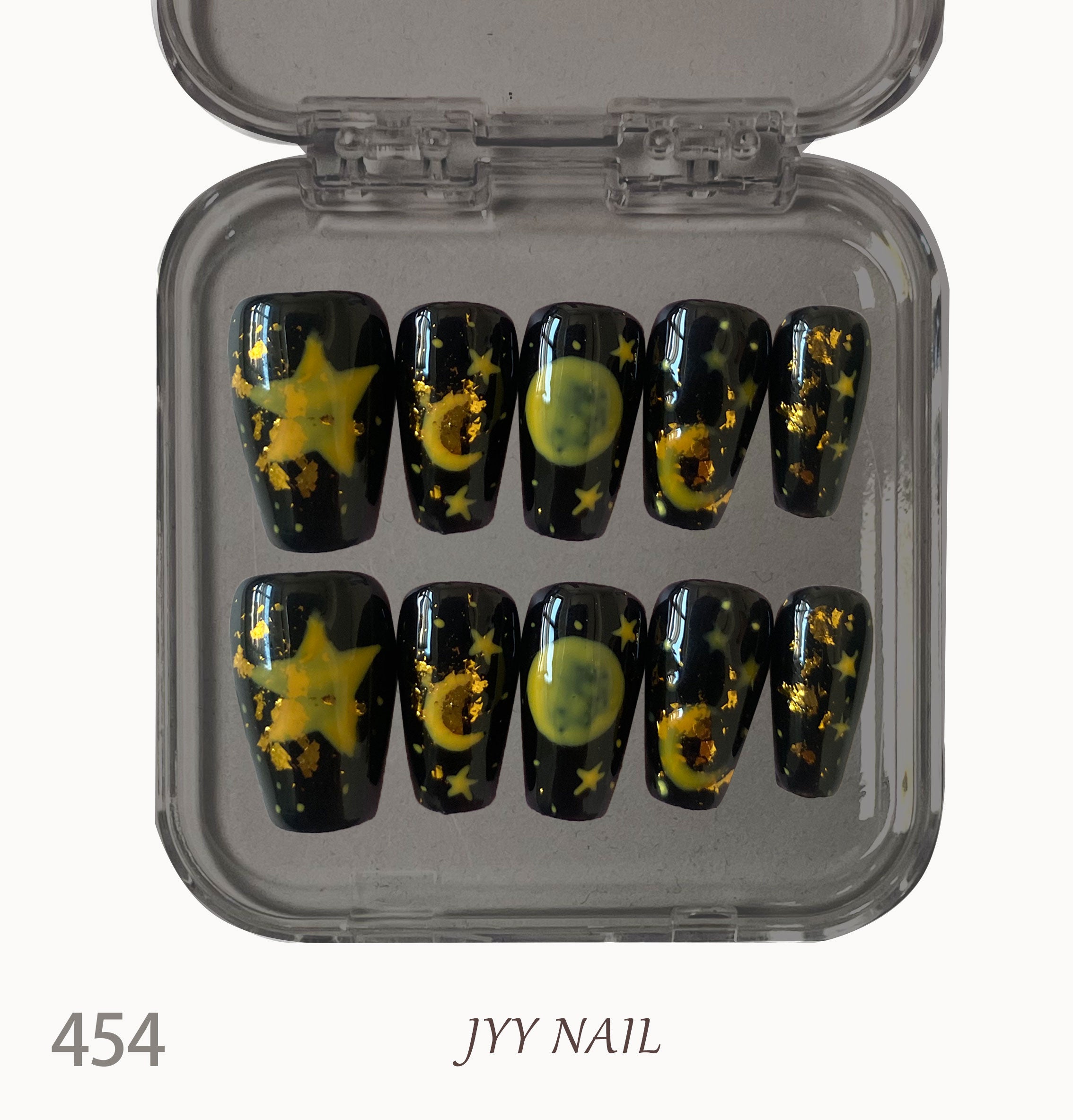 A454 Black gold moon and stars: Pure hand-painted black gold moon star nail art