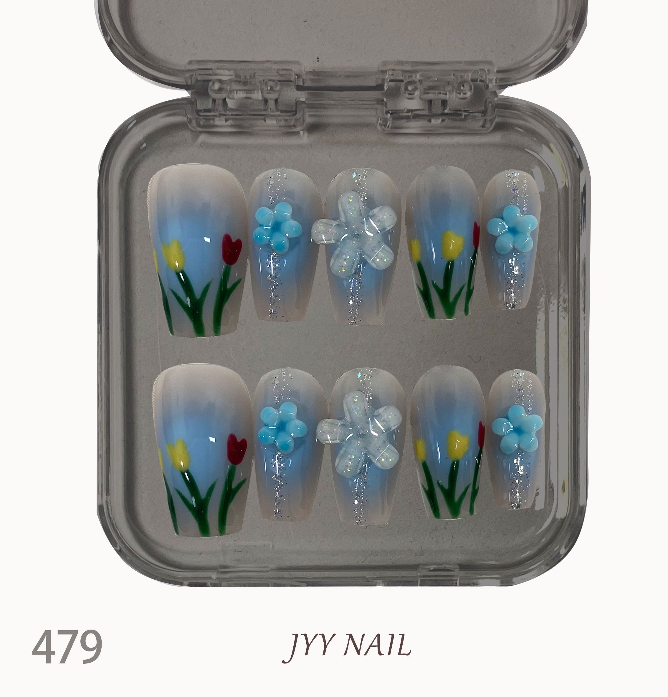 A479 Blue tulip:Pure hand-painted blue tulip manicure