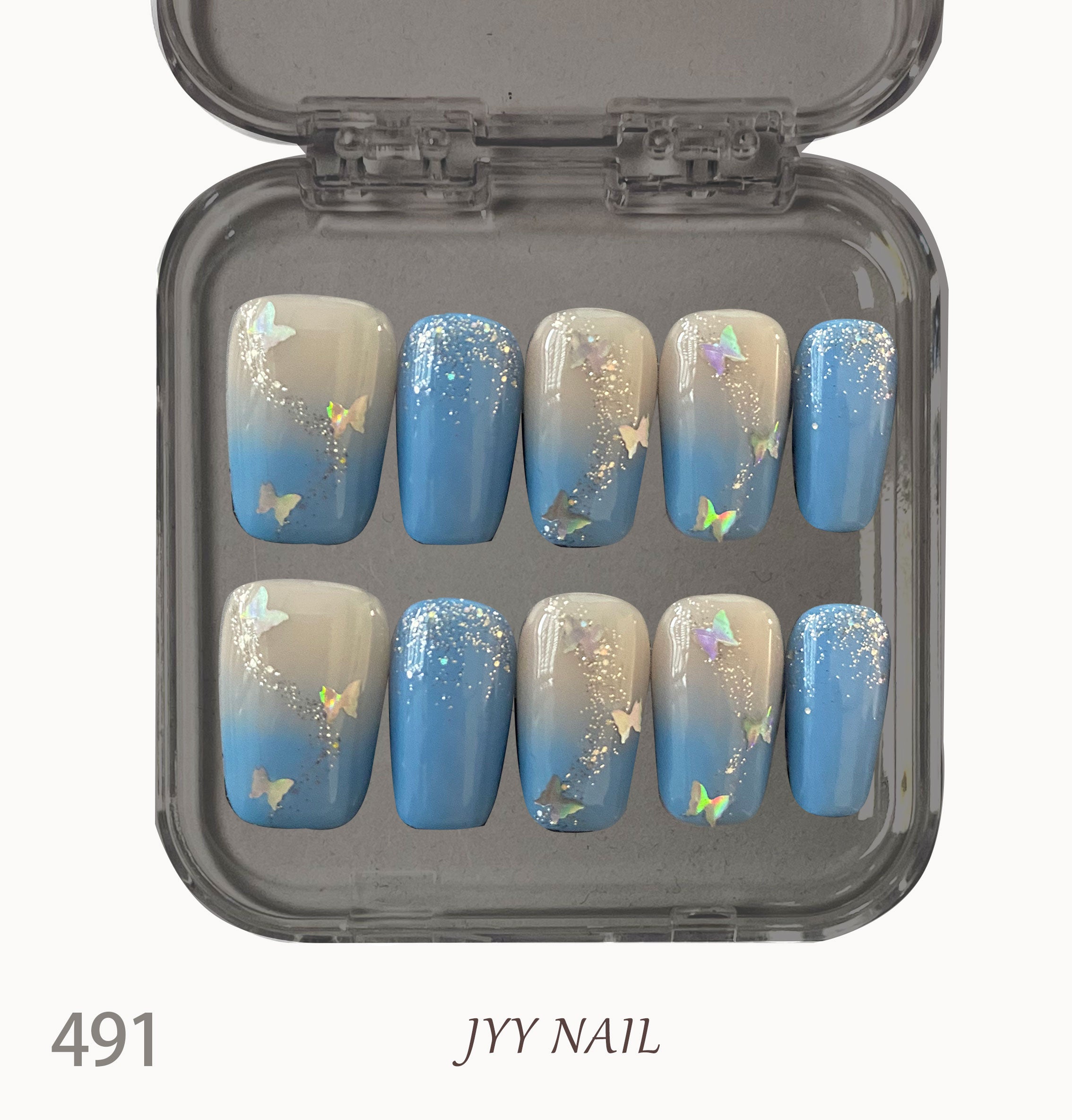 A491 Blue gradient butterfly:Pure hand-painted gradient nail art haute couture