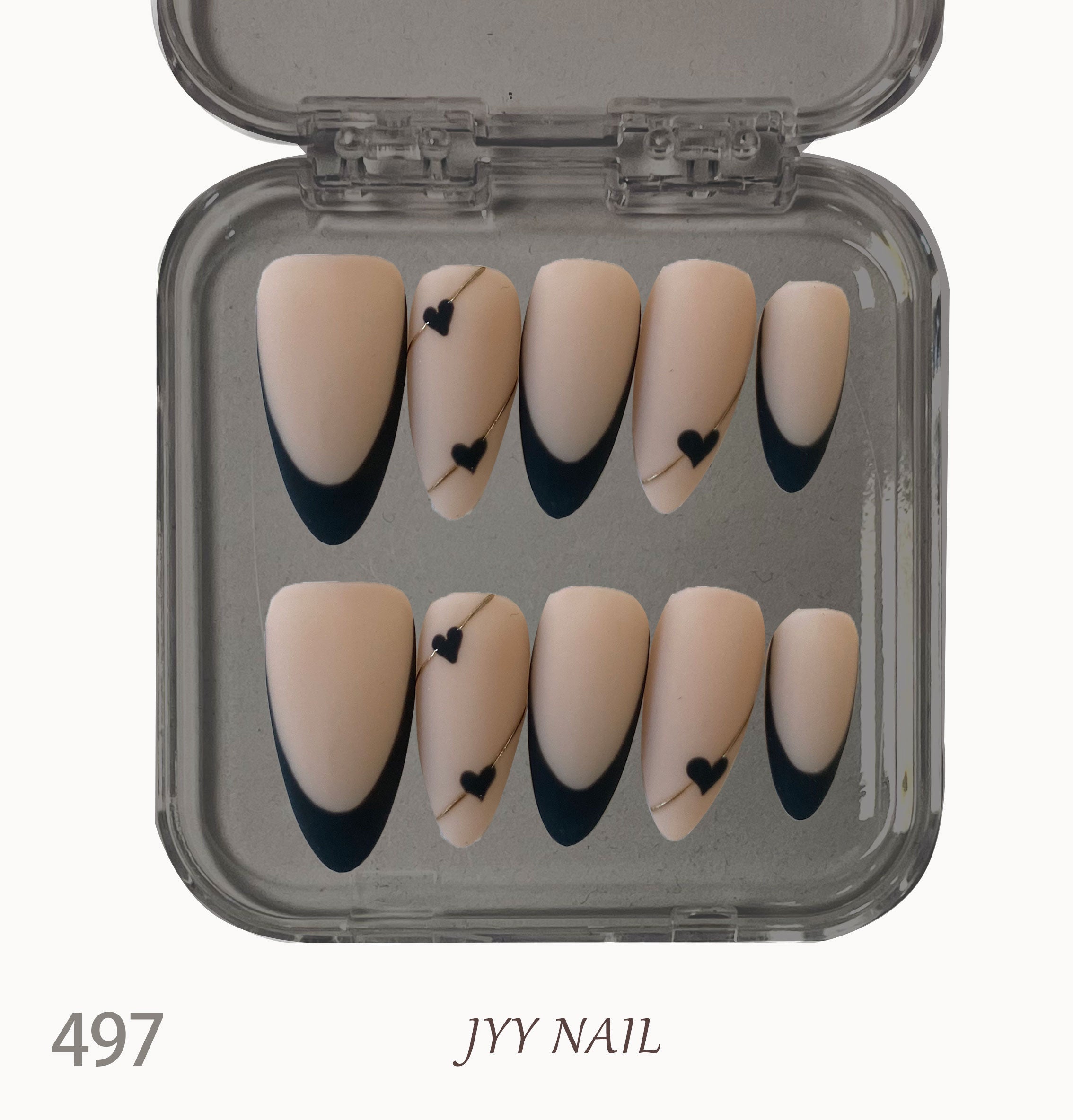 A497 Nude pink black French：Pure hand-painted black French manicure