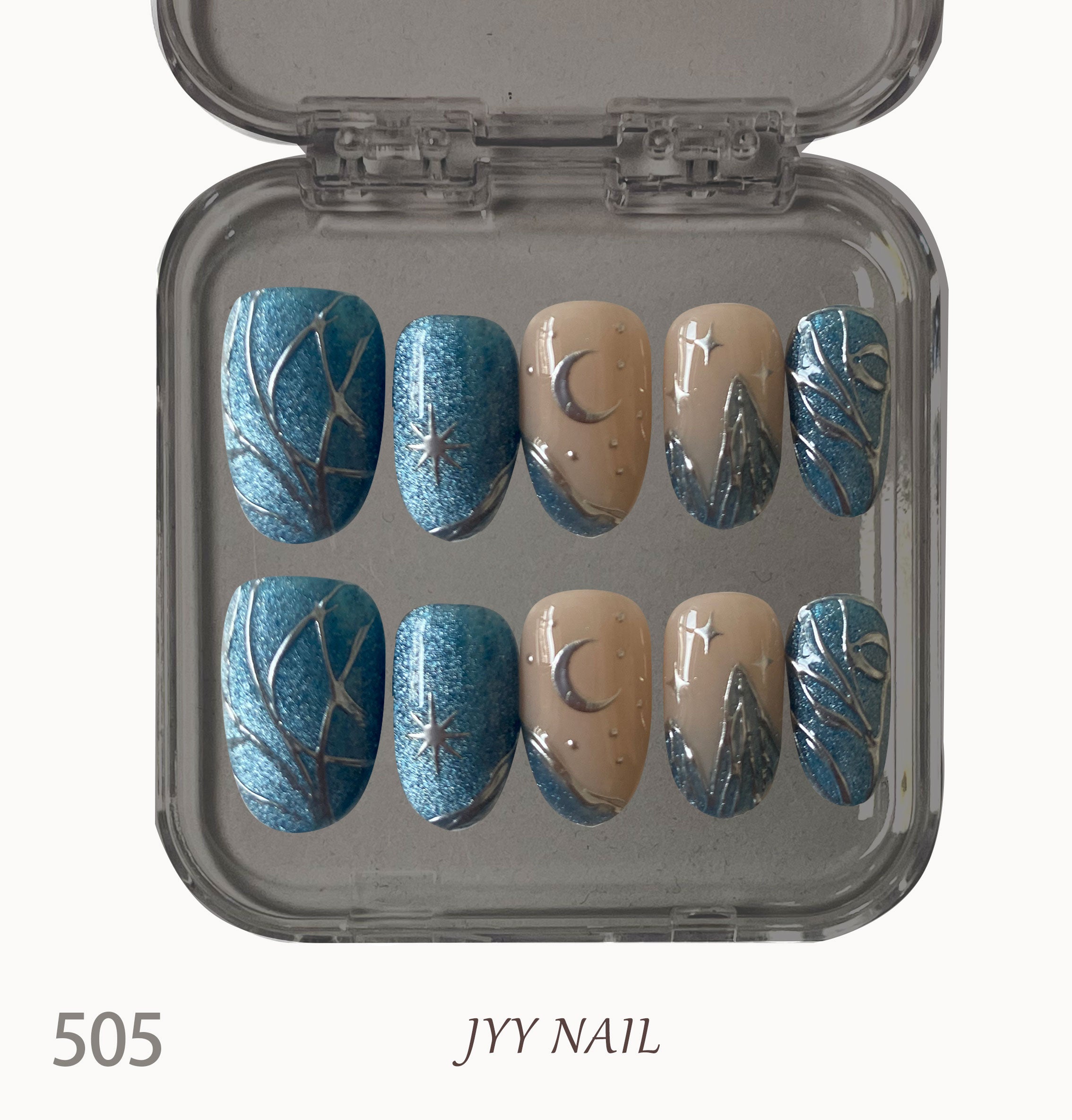 A505 Blue cat eye moon：Pure hand-painted nail art
