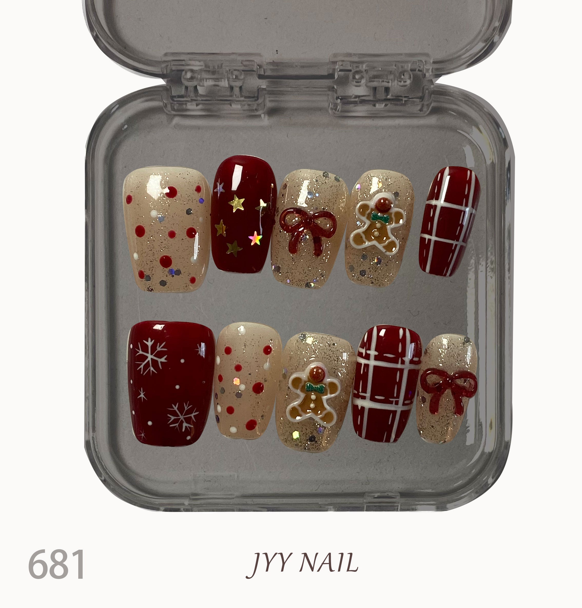 A681Gingerbread man:Hand-painted snowflake gingerbread fingernails