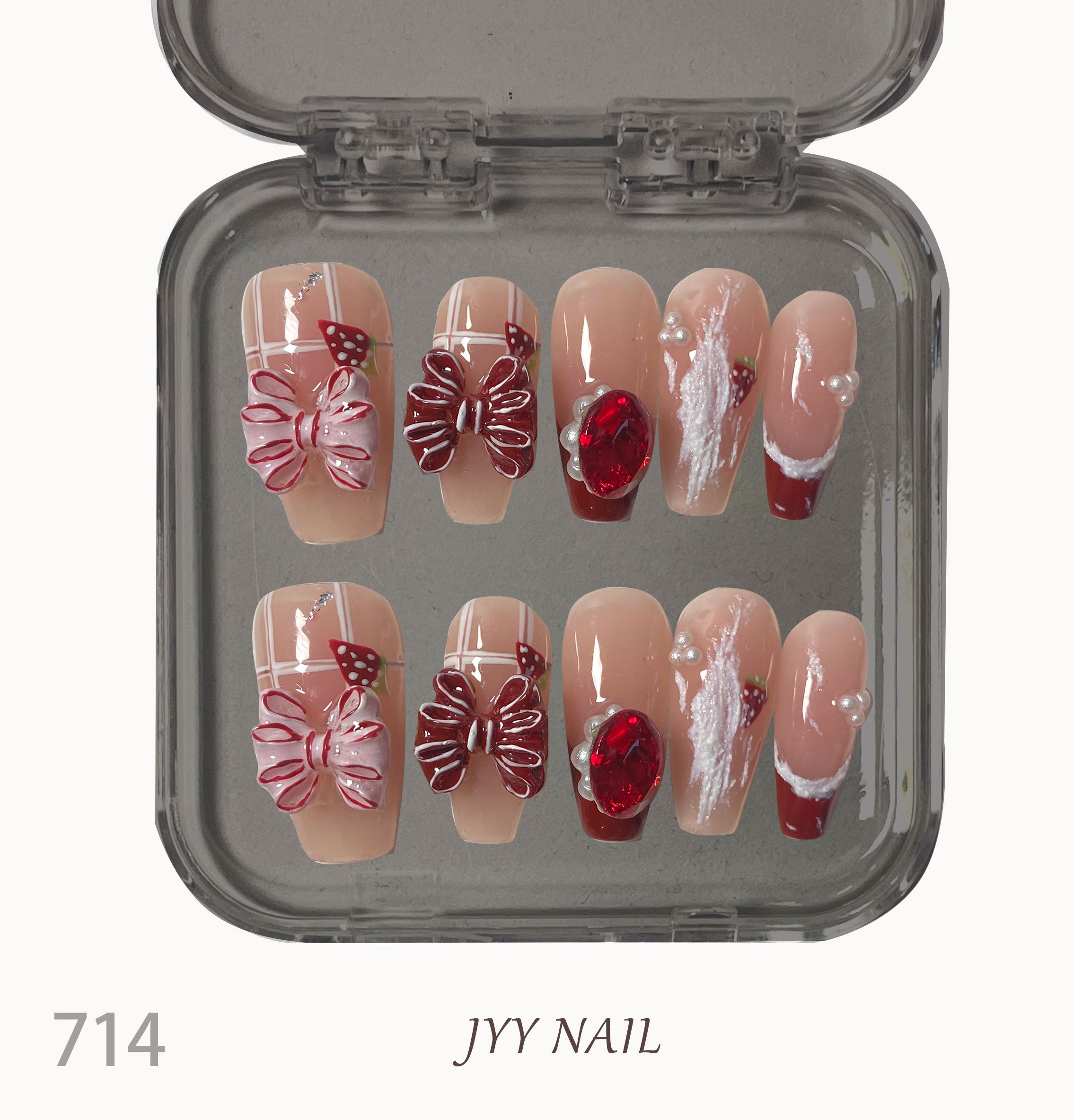 A714Strawberry with bow:3D bow strawberry nail