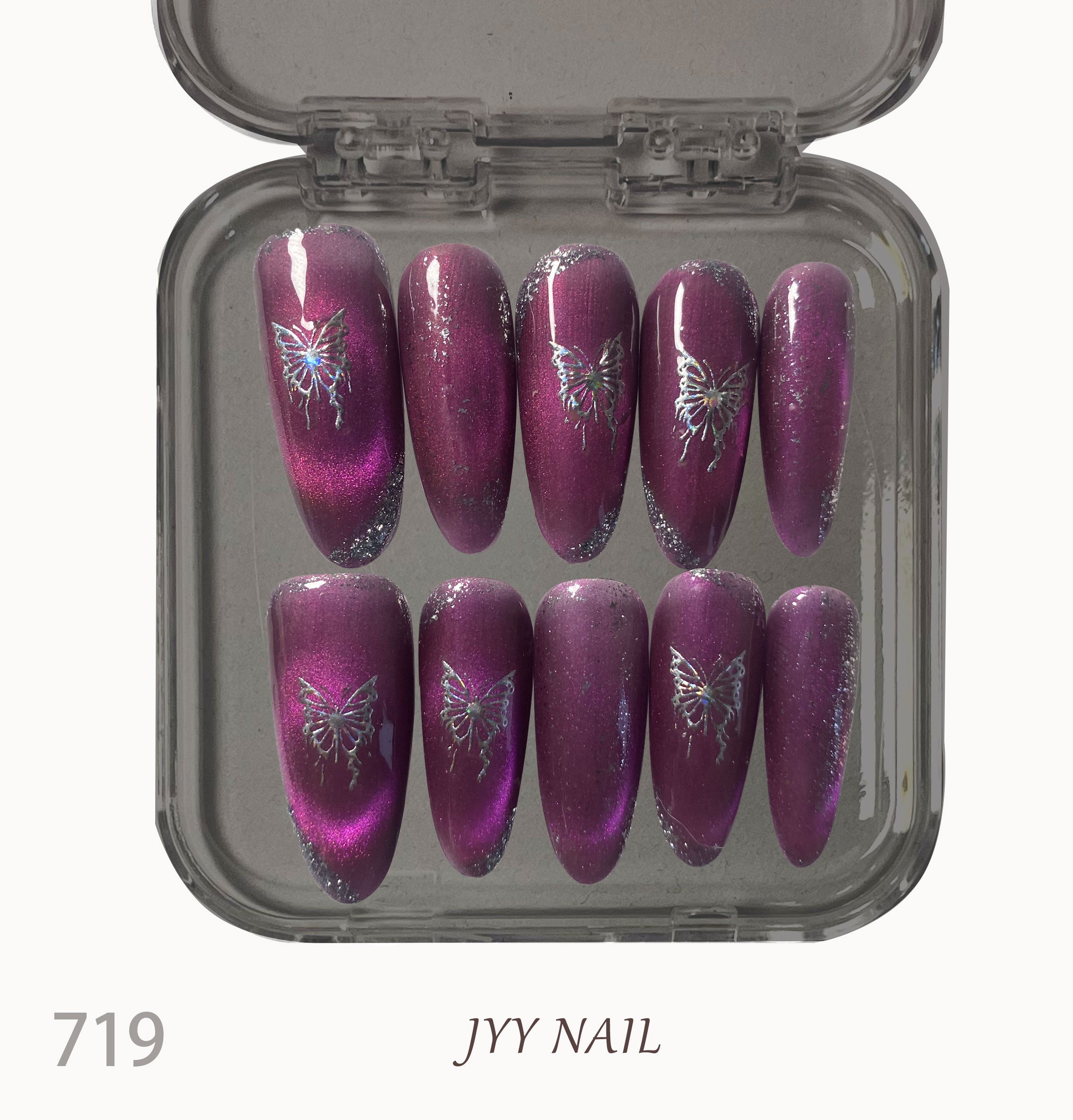 A719Purple cat's eye butterfly：Hand-painted purple cat eyes with butterfly nails