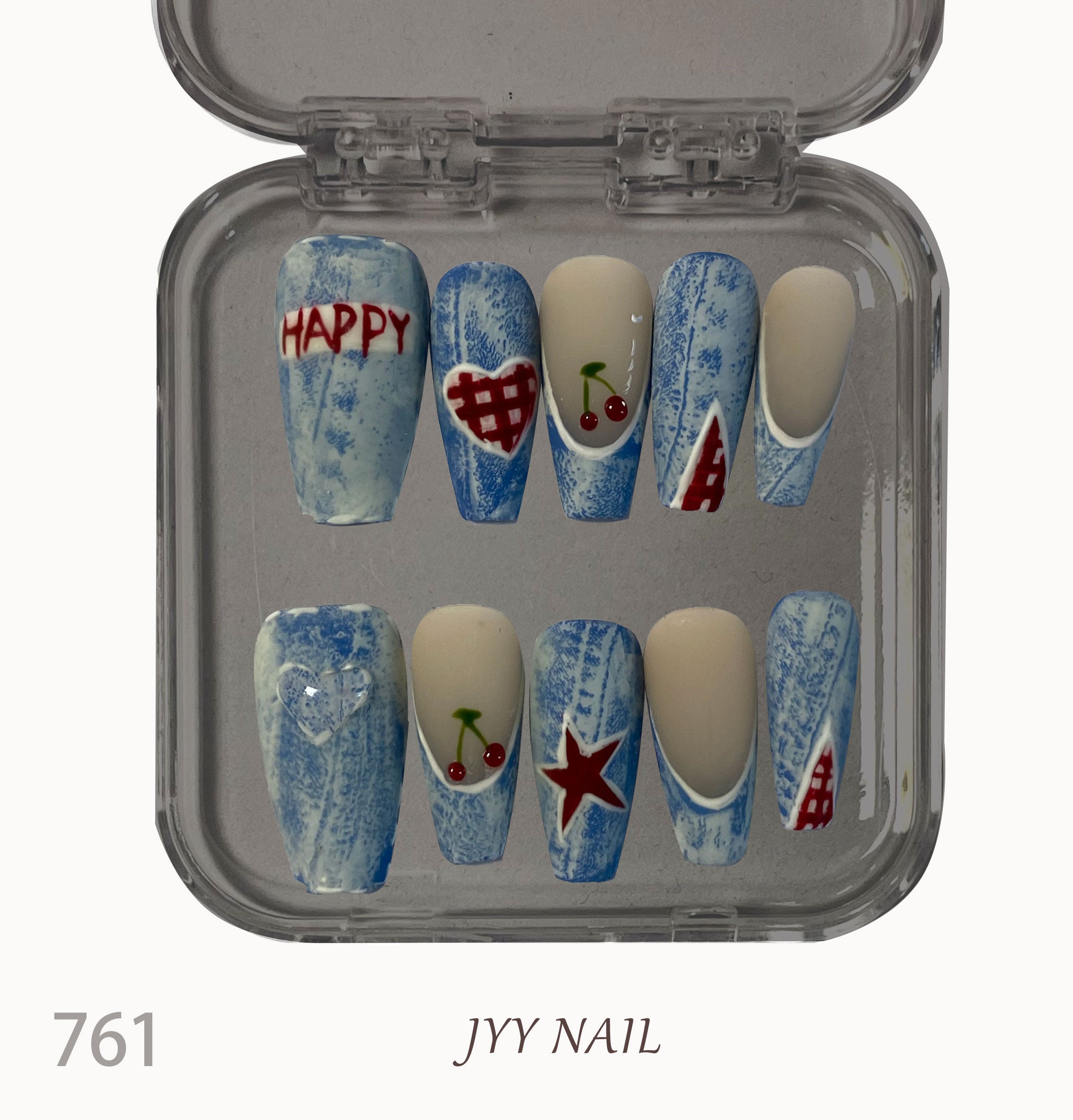 A761Cowboy cherry:Hand-painted denim cherry nails