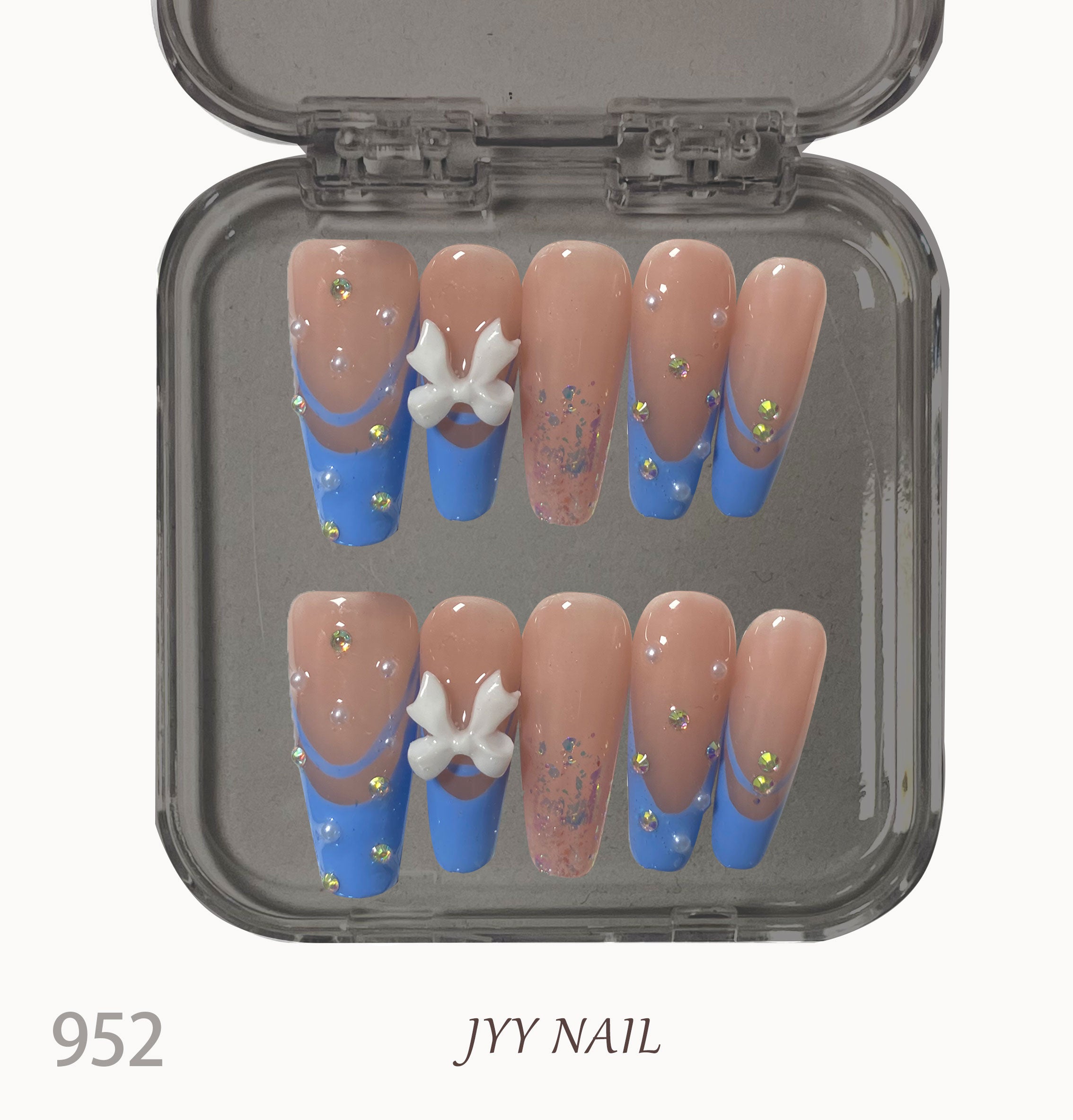 A952 Blue bow French:Hand-painted full diamond heavy industry high luxury custom wear nail