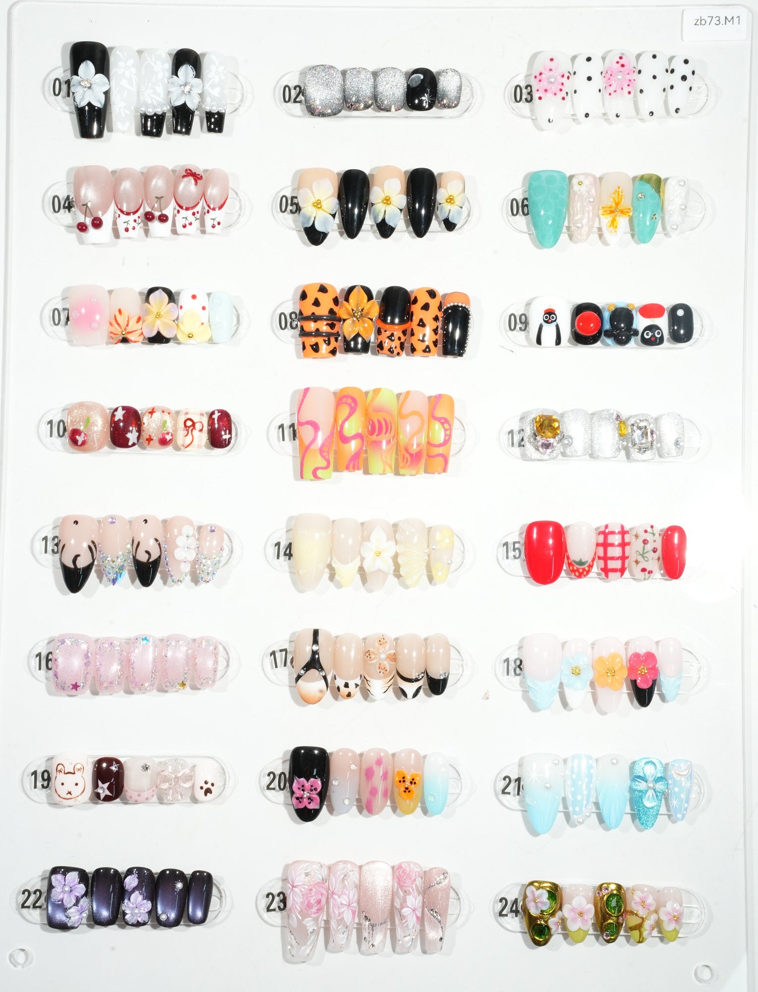 zb73..A display board featuring 24 different styles of fashionable and trendy nail wear.